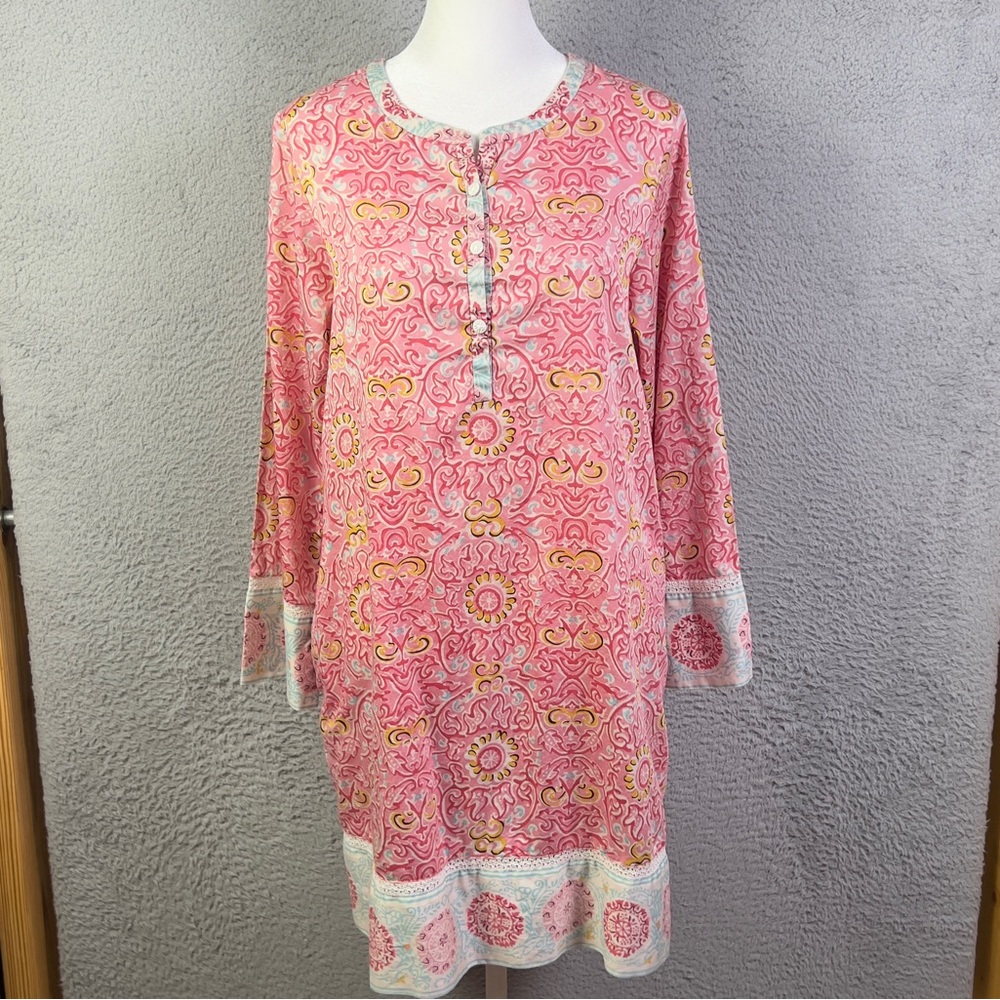 Oscar De La Renta Dress Womens XS Multicolor Henley Neck Preppy Casual Cotton